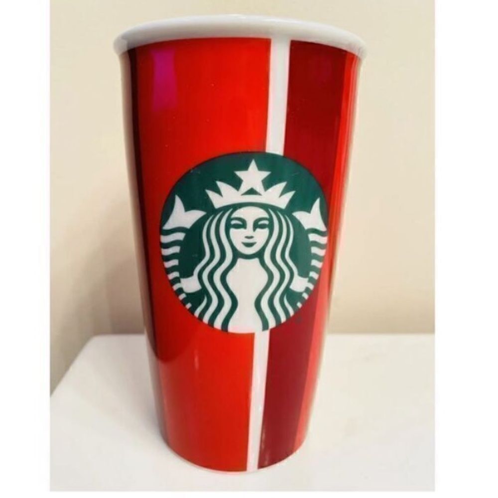 Starbucks 12 oz 2018 Holiday Striped Ceramic Travel Tumbler Mug Red White